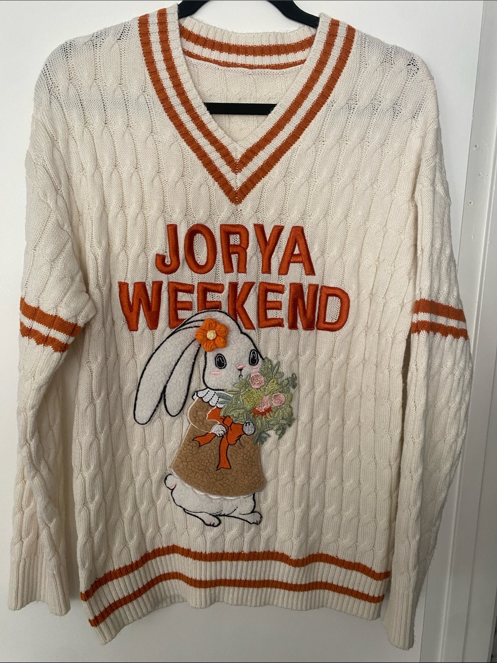 Jorya Weekend Cable-Knit V-Neck Varsity Cable Sweater in Cream with Orange Trim
